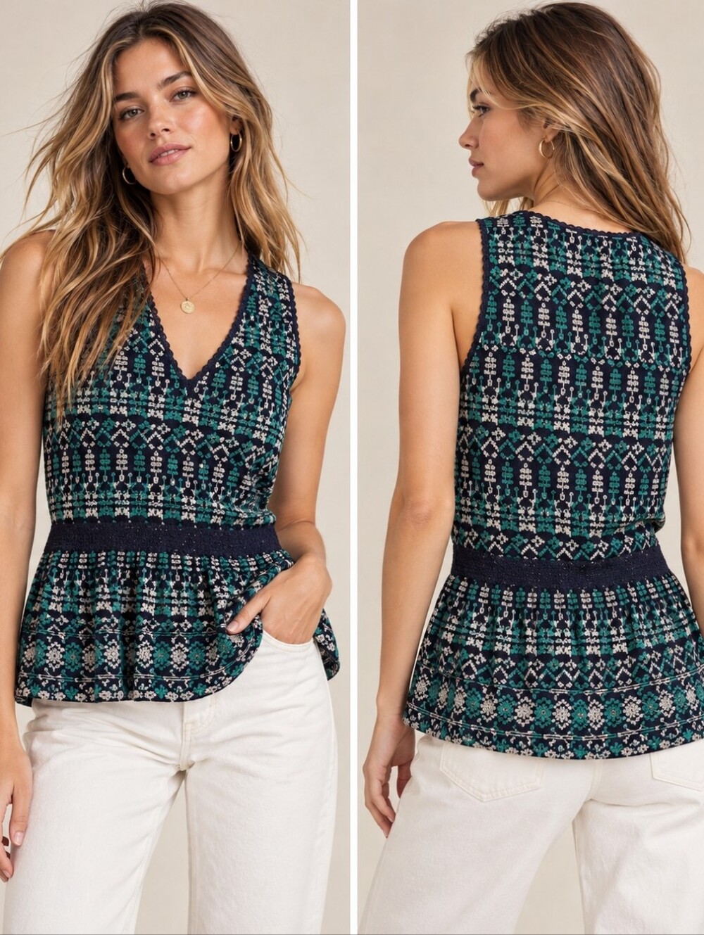MAEVE x ANTHRO Cammie Navy Green White Embroidered Eyelet Peplum Sleeveless Top